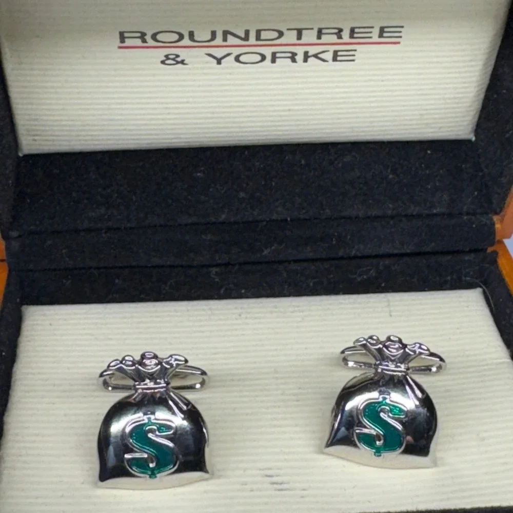 Roundtree & Yorke Silver Money Bag Cufflinks Green Dollar Sign‎